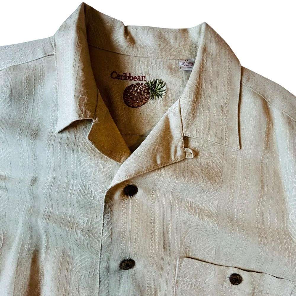 Caribbean Roundtree & Yorke Men Medium Beige Linen Blend Camp Hawaiian Shirt NWT